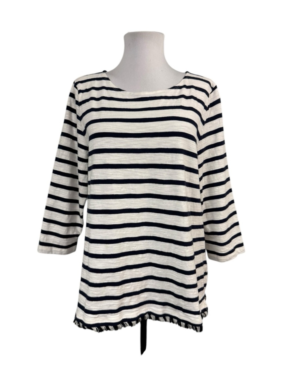 Talbots XLP XL Petite Knit Top Striped Navy White 100% Cotton Fringe 3/4 Sleeves
